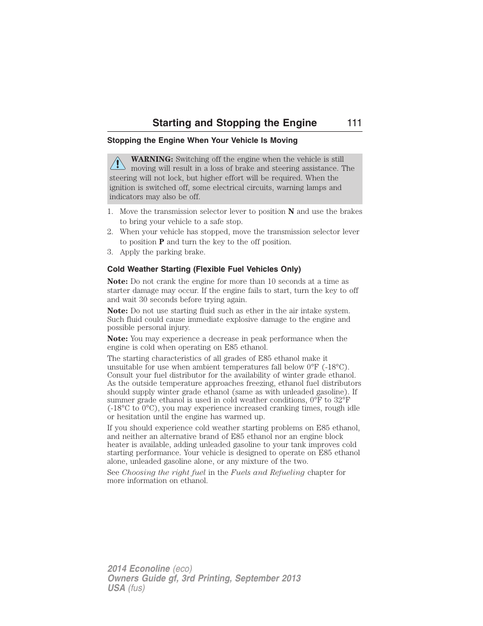 Stopping the engine when your vehicle is moving, Starting and stopping the engine 111 | FORD 2014 E-450 v.3 User Manual | Page 112 / 455