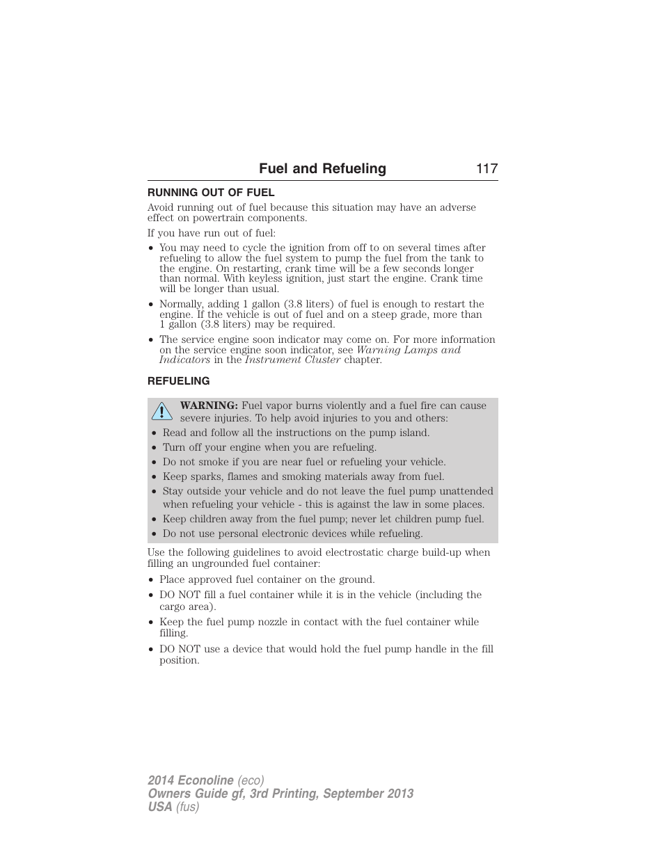 Running out of fuel, Refueling, Fuel and refueling 117 | FORD 2014 E-450 v.3 User Manual | Page 118 / 455