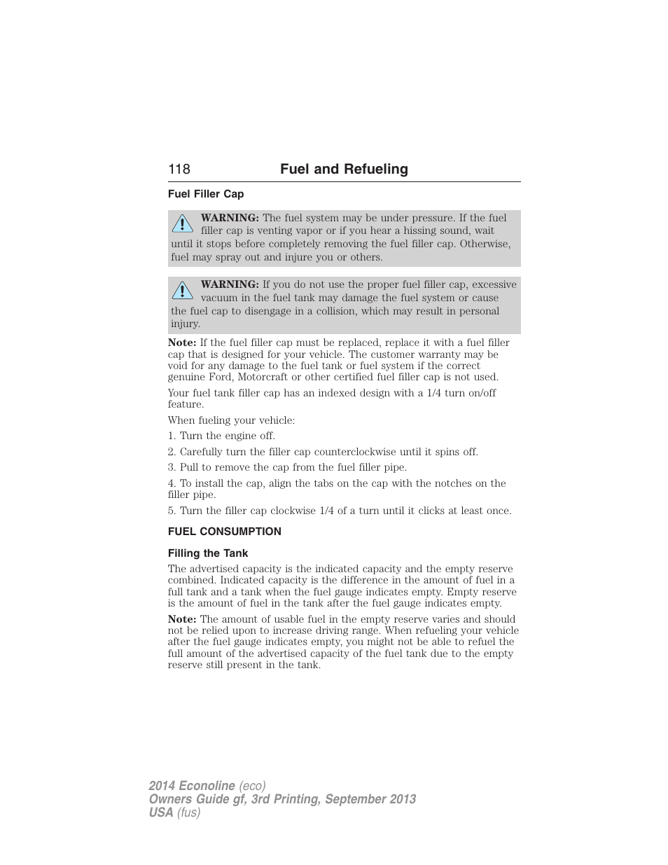 Fuel filler cap, Fuel consumption, Filling the tank | 118 fuel and refueling | FORD 2014 E-450 v.3 User Manual | Page 119 / 455