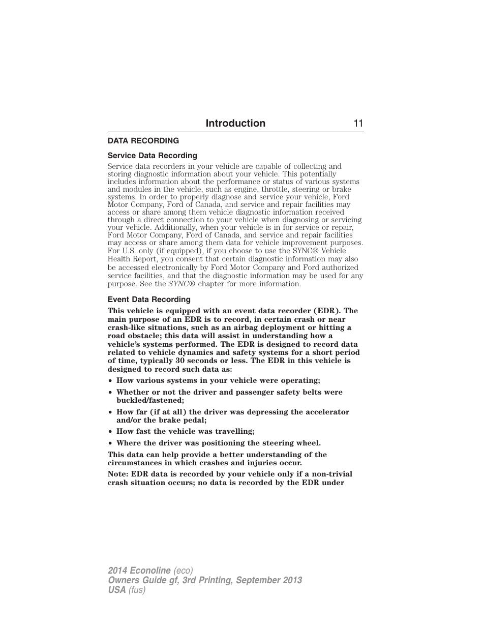 Data recording, Service data recording, Event data recording | Introduction 11 | FORD 2014 E-450 v.3 User Manual | Page 12 / 455