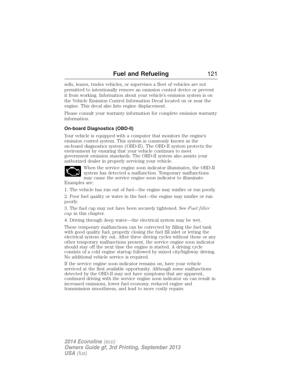 On-board diagnostics (obd-ii), Fuel and refueling 121 | FORD 2014 E-450 v.3 User Manual | Page 122 / 455