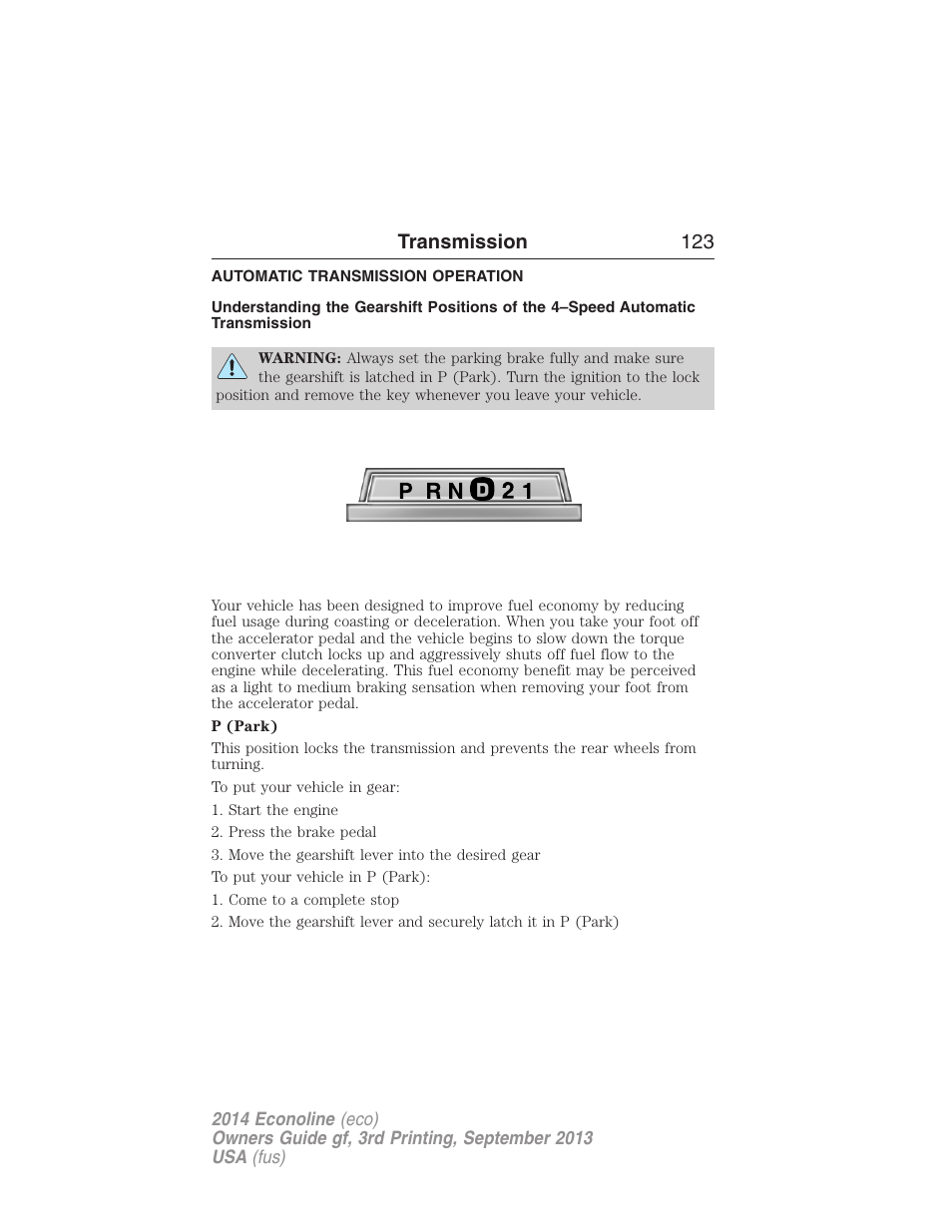 Transmission, Automatic transmission operation, Transmission operation | Automatic transmission, Transmission 123 | FORD 2014 E-450 v.3 User Manual | Page 124 / 455