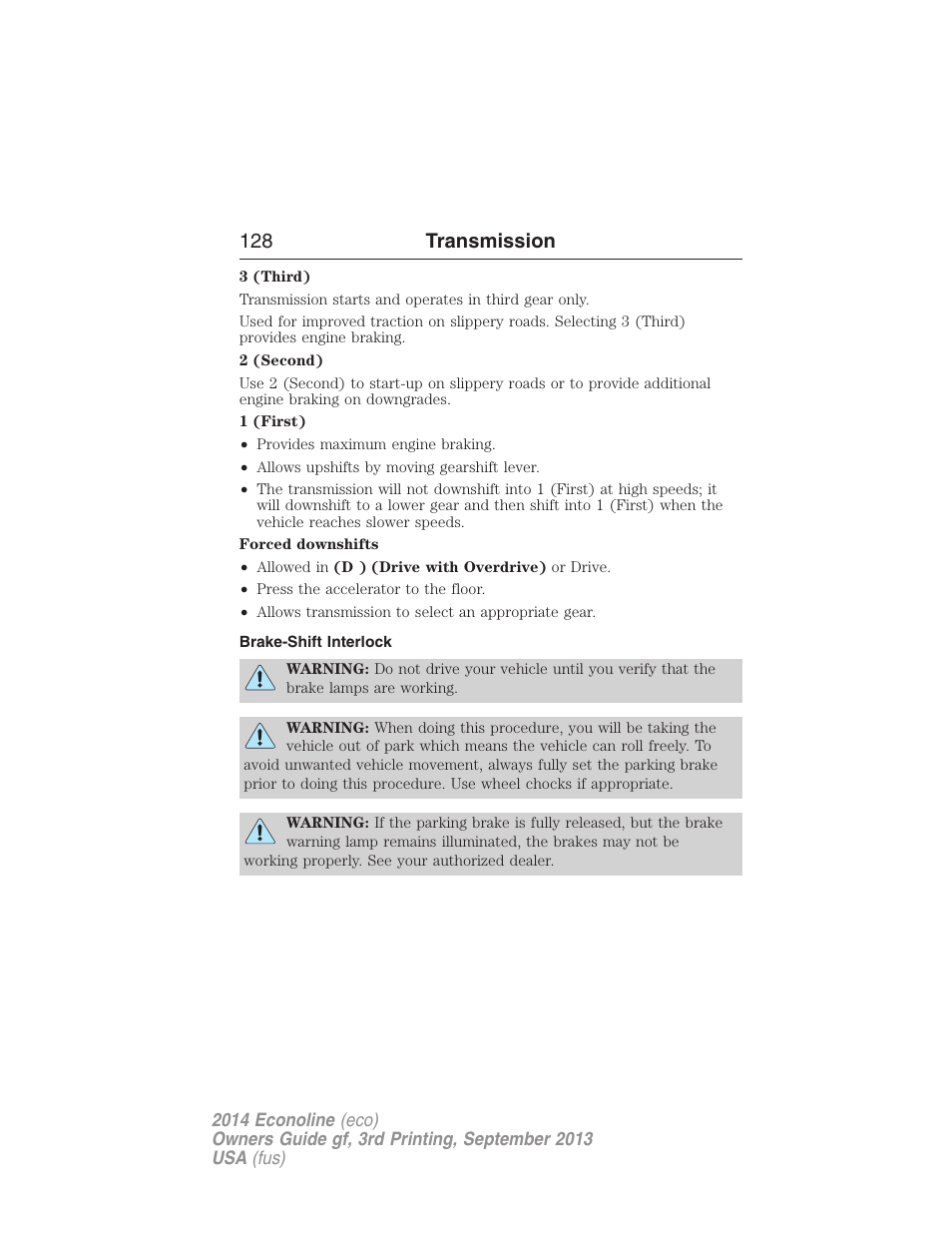 Brake-shift interlock, 128 transmission | FORD 2014 E-450 v.3 User Manual | Page 129 / 455