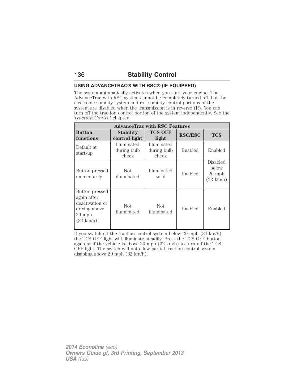 Using advancetrac® with rsc® (if equipped), 136 stability control | FORD 2014 E-450 v.3 User Manual | Page 137 / 455