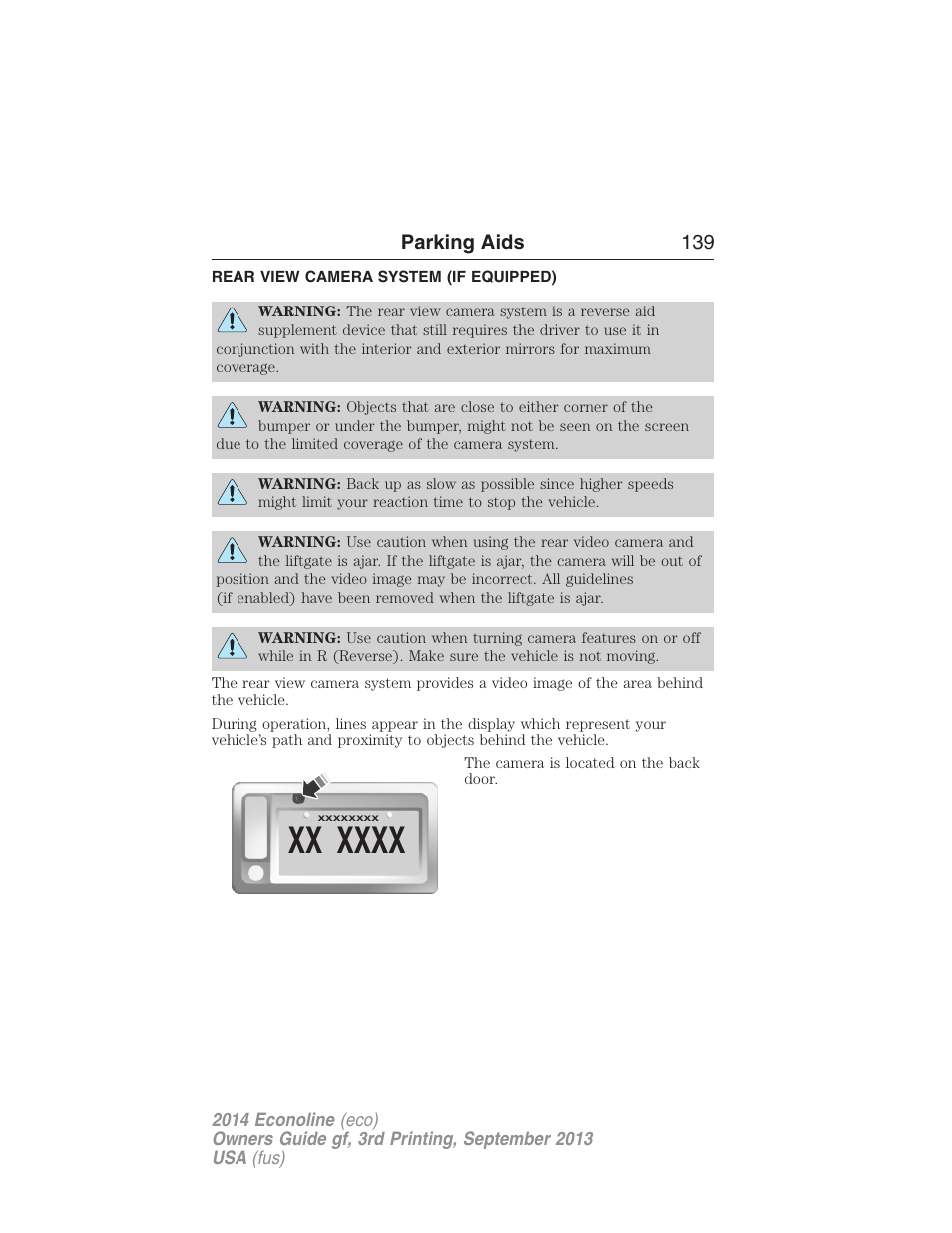 Rear view camera system (if equipped), Rear-view camera system, Parking aids 139 | FORD 2014 E-450 v.3 User Manual | Page 140 / 455