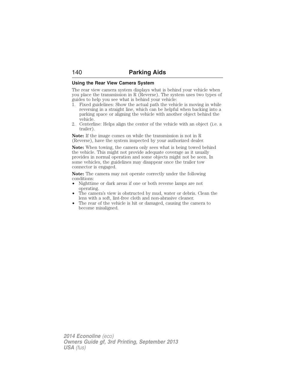 Using the rear view camera system, 140 parking aids | FORD 2014 E-450 v.3 User Manual | Page 141 / 455