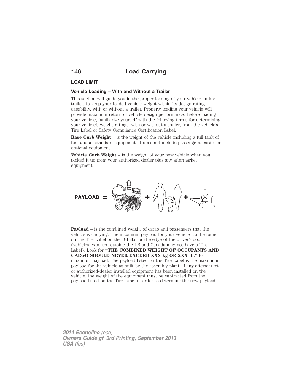 Load carrying, Load limit, Vehicle loading – with and without a trailer | Vehicle loading, 146 load carrying | FORD 2014 E-450 v.3 User Manual | Page 147 / 455