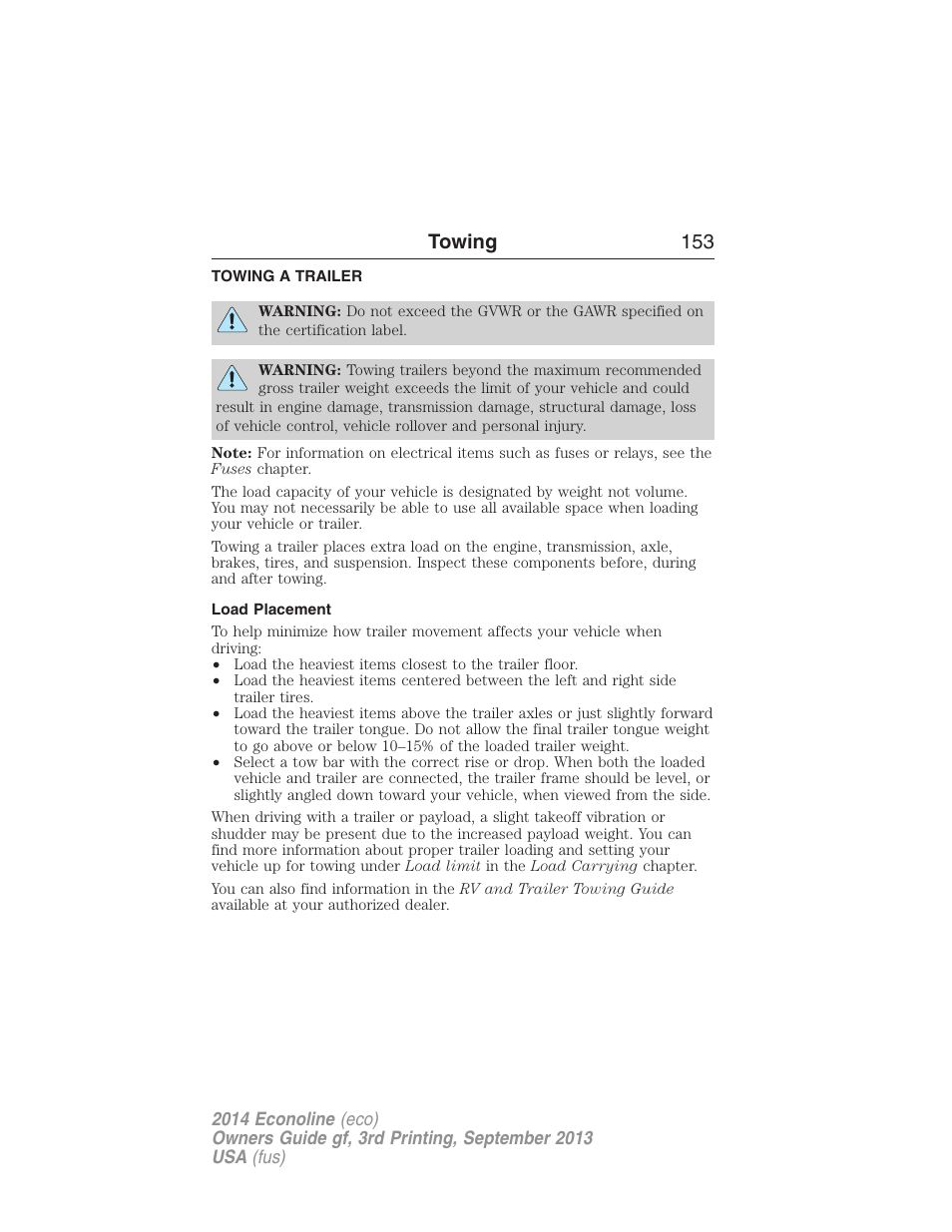 Towing, Towing a trailer, Load placement | Trailer towing, Towing 153 | FORD 2014 E-450 v.3 User Manual | Page 154 / 455