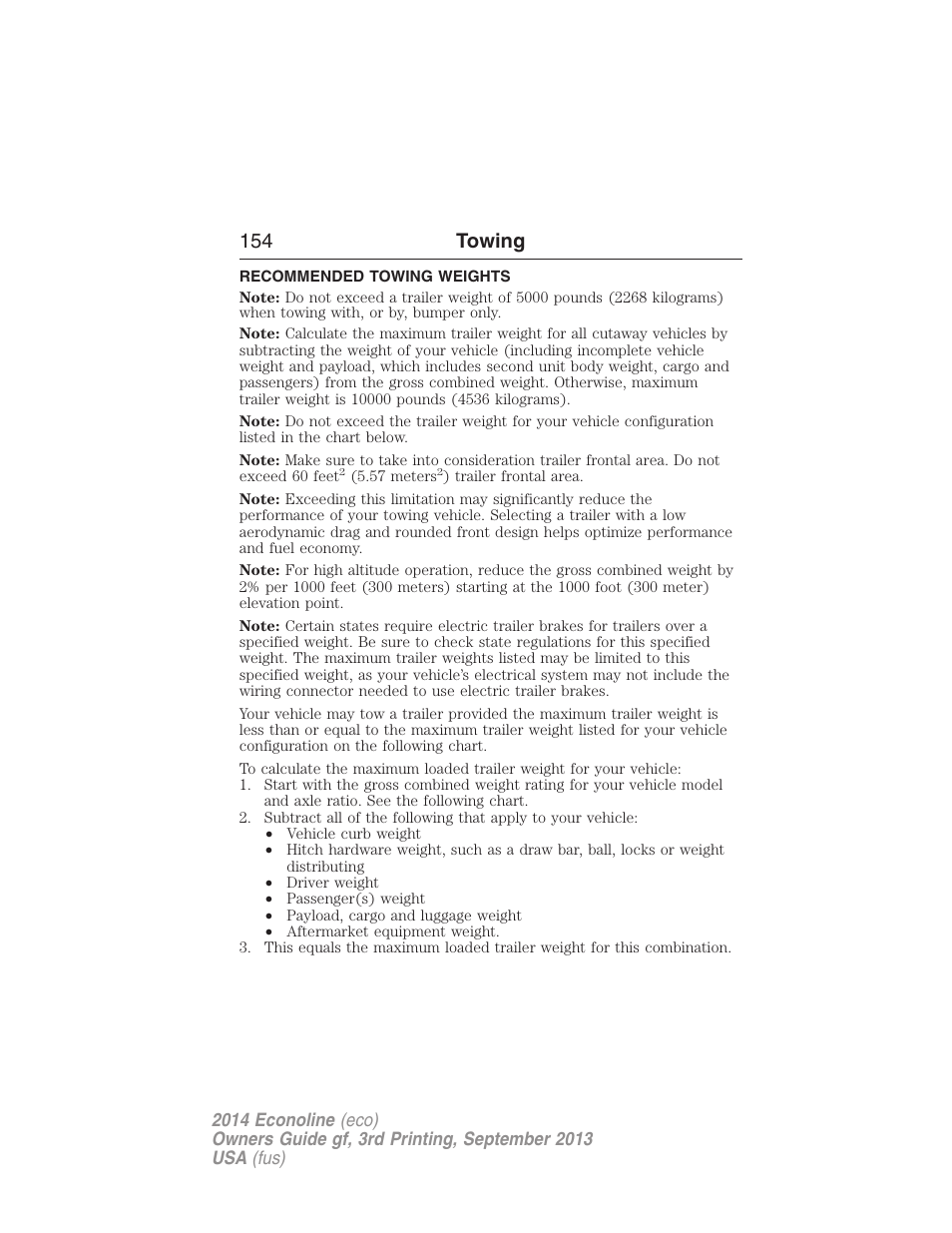 Recommended towing weights, 154 towing | FORD 2014 E-450 v.3 User Manual | Page 155 / 455