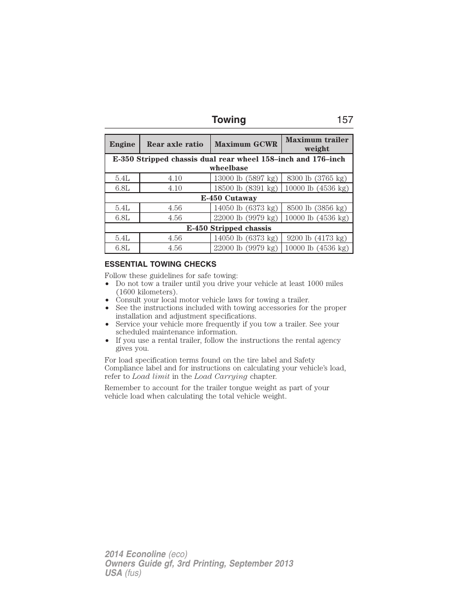 Essential towing checks, Towing 157 | FORD 2014 E-450 v.3 User Manual | Page 158 / 455