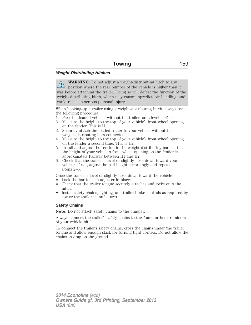 Weight-distributing hitches, Safety chains, Towing 159 | FORD 2014 E-450 v.3 User Manual | Page 160 / 455