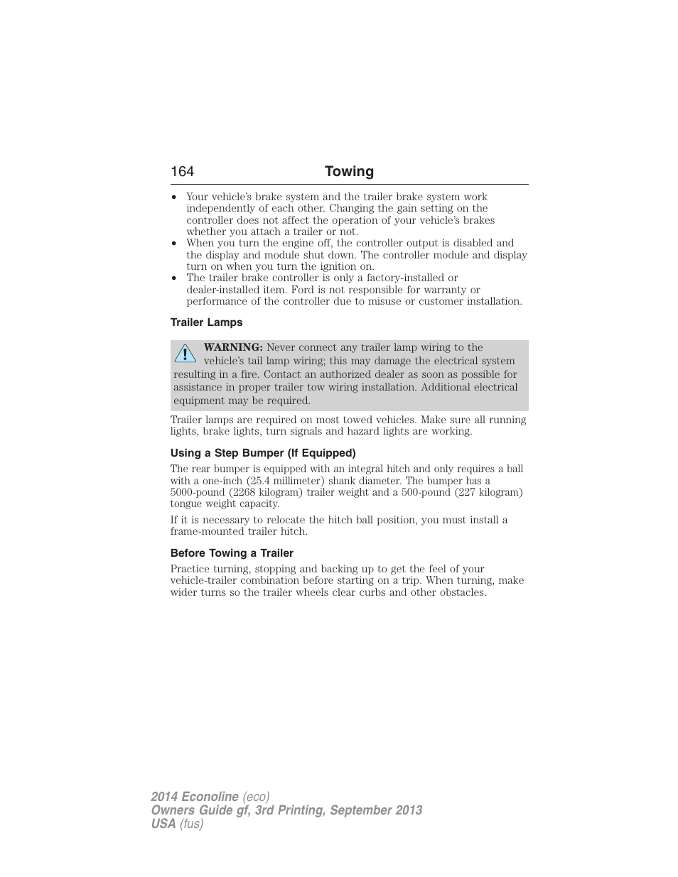 Trailer lamps, Using a step bumper (if equipped), Before towing a trailer | 164 towing | FORD 2014 E-450 v.3 User Manual | Page 165 / 455