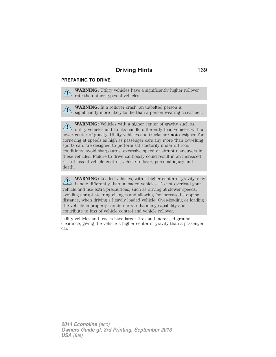 Driving hints, Preparing to drive, Driving hints 169 | FORD 2014 E-450 v.3 User Manual | Page 170 / 455