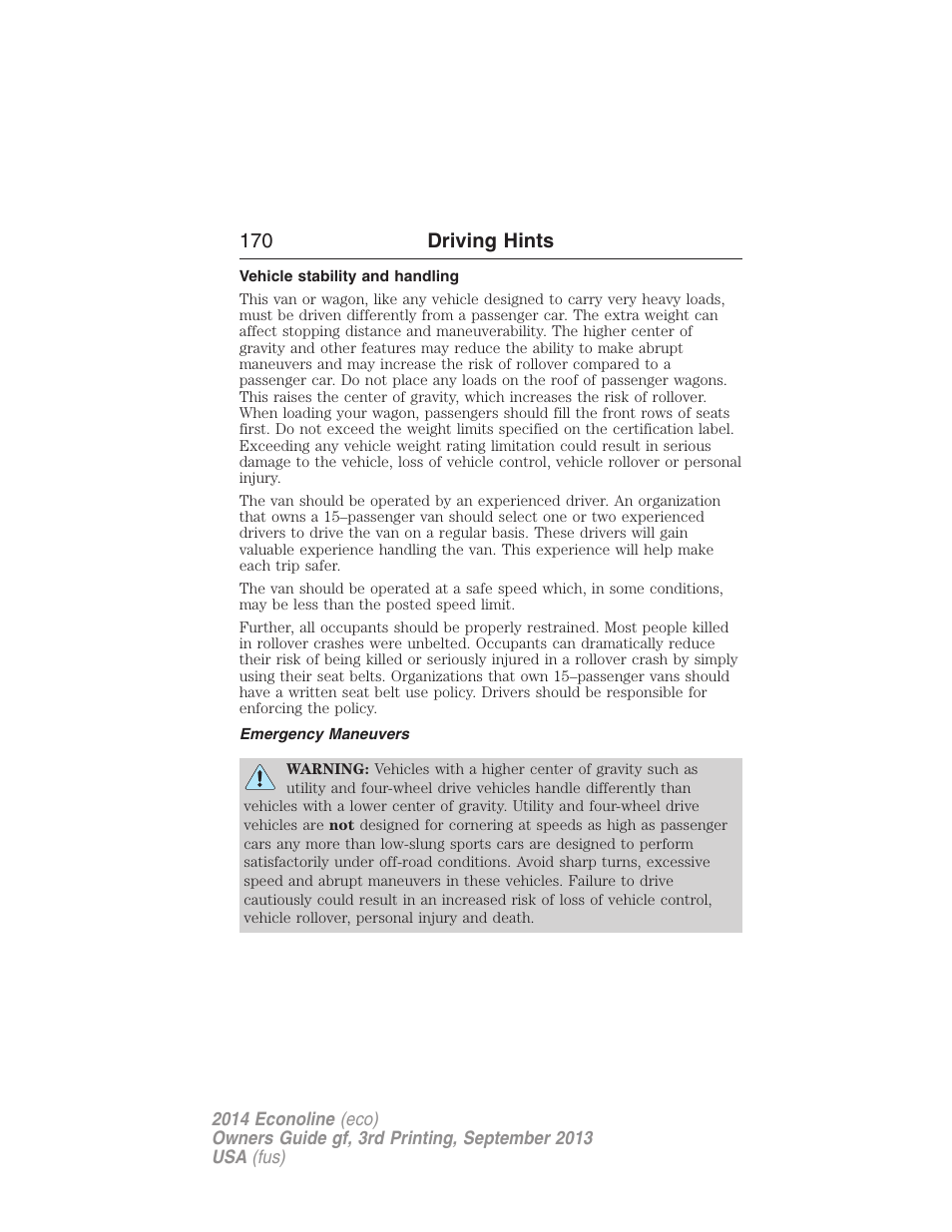 Vehicle stability and handling, Emergency maneuvers, 170 driving hints | FORD 2014 E-450 v.3 User Manual | Page 171 / 455