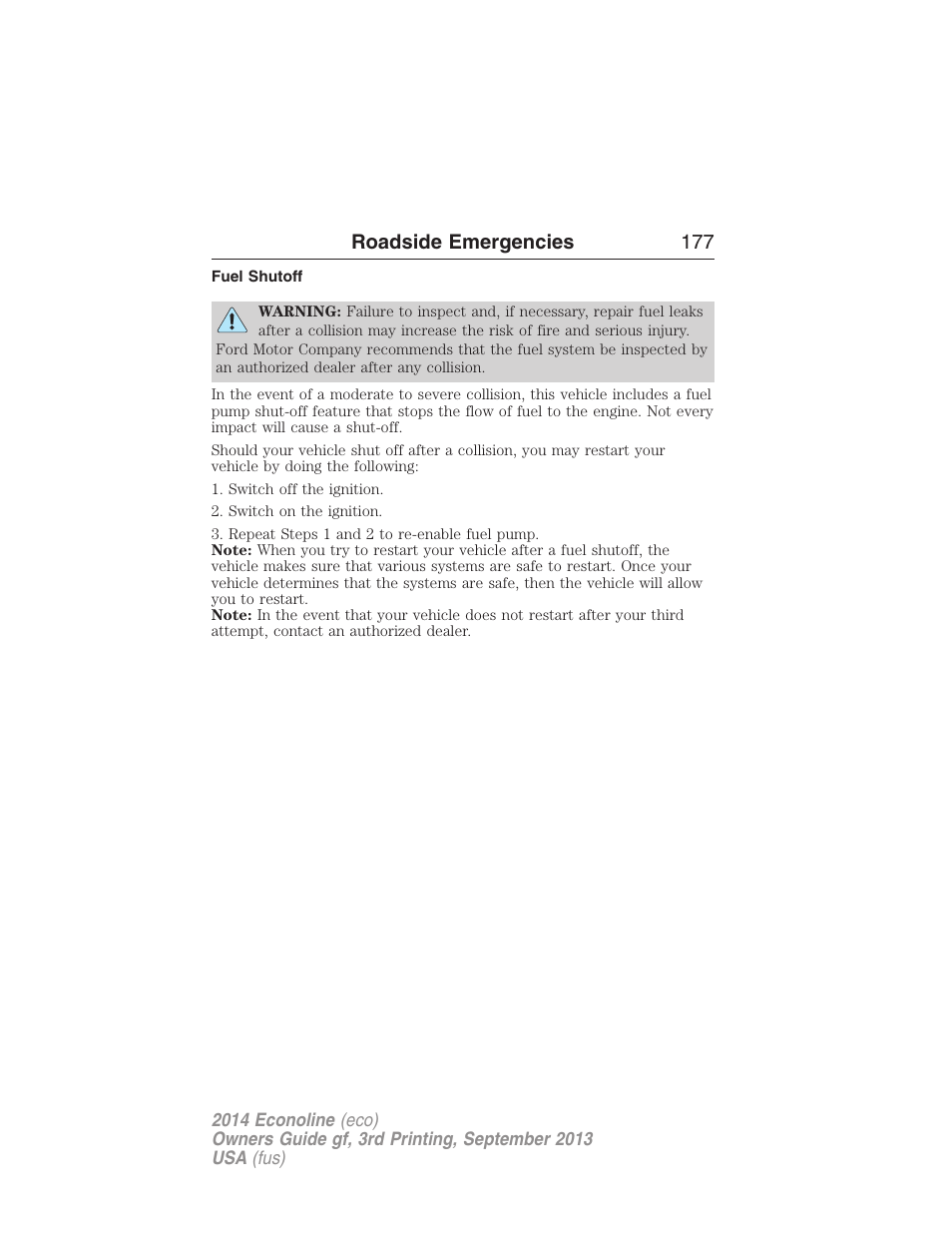 Fuel shutoff, Fuel pump shut-off, Roadside emergencies 177 | FORD 2014 E-450 v.3 User Manual | Page 178 / 455
