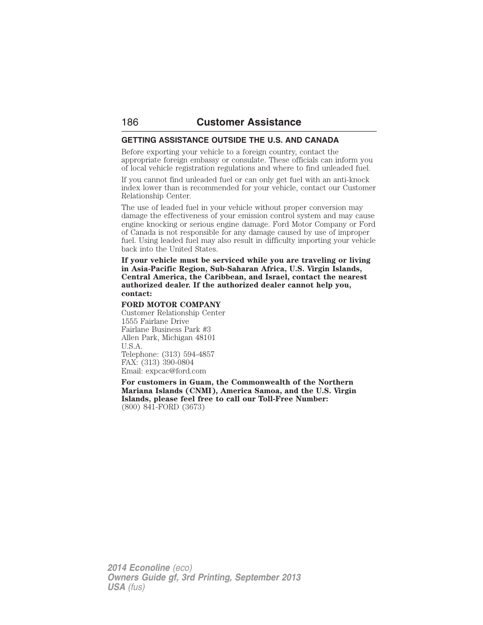 Getting assistance outside the u.s. and canada, 186 customer assistance | FORD 2014 E-450 v.3 User Manual | Page 187 / 455