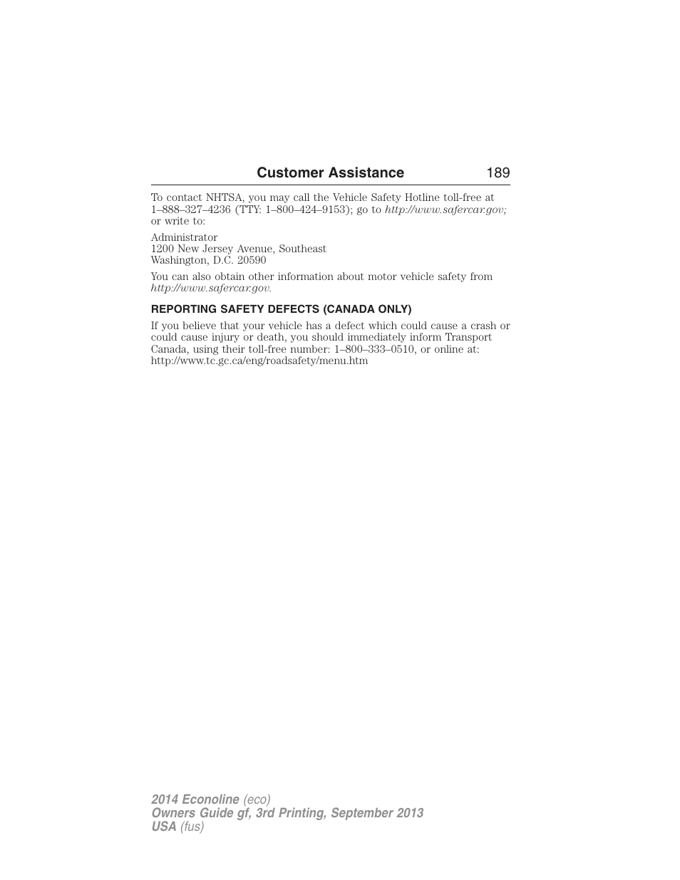 Reporting safety defects (canada only) | FORD 2014 E-450 v.3 User Manual | Page 190 / 455