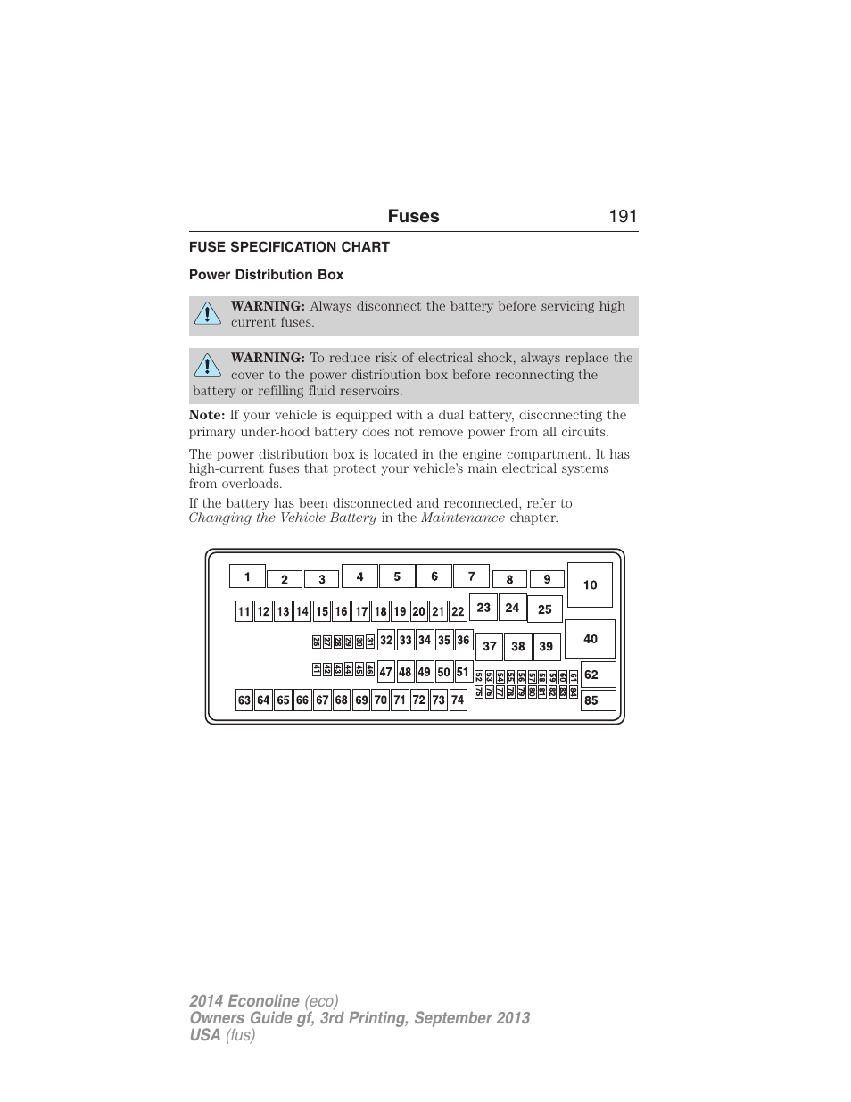 Fuse specification chart, Power distribution box, Fuses 191 | FORD 2014 E-450 v.3 User Manual | Page 192 / 455