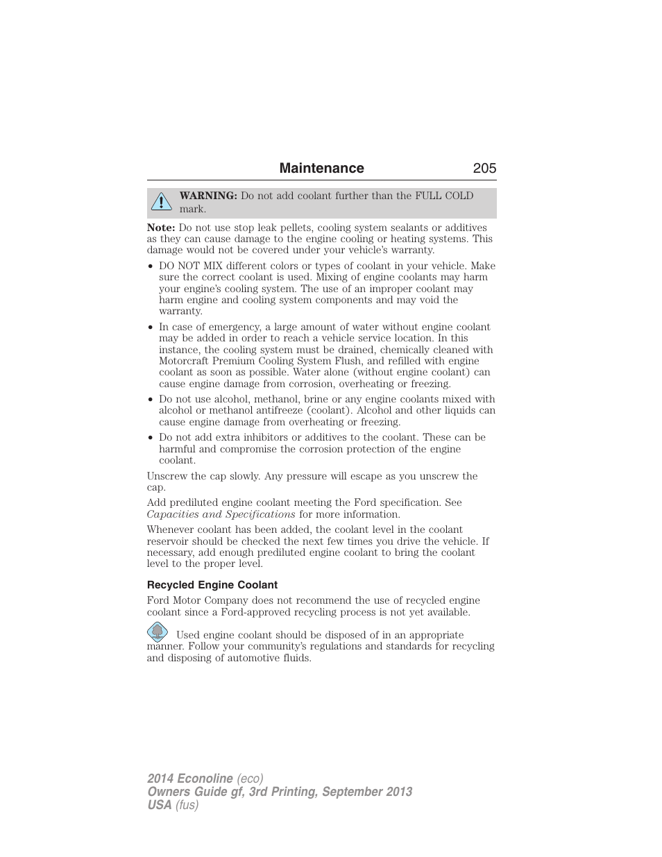 Recycled engine coolant, Maintenance 205 | FORD 2014 E-450 v.3 User Manual | Page 206 / 455