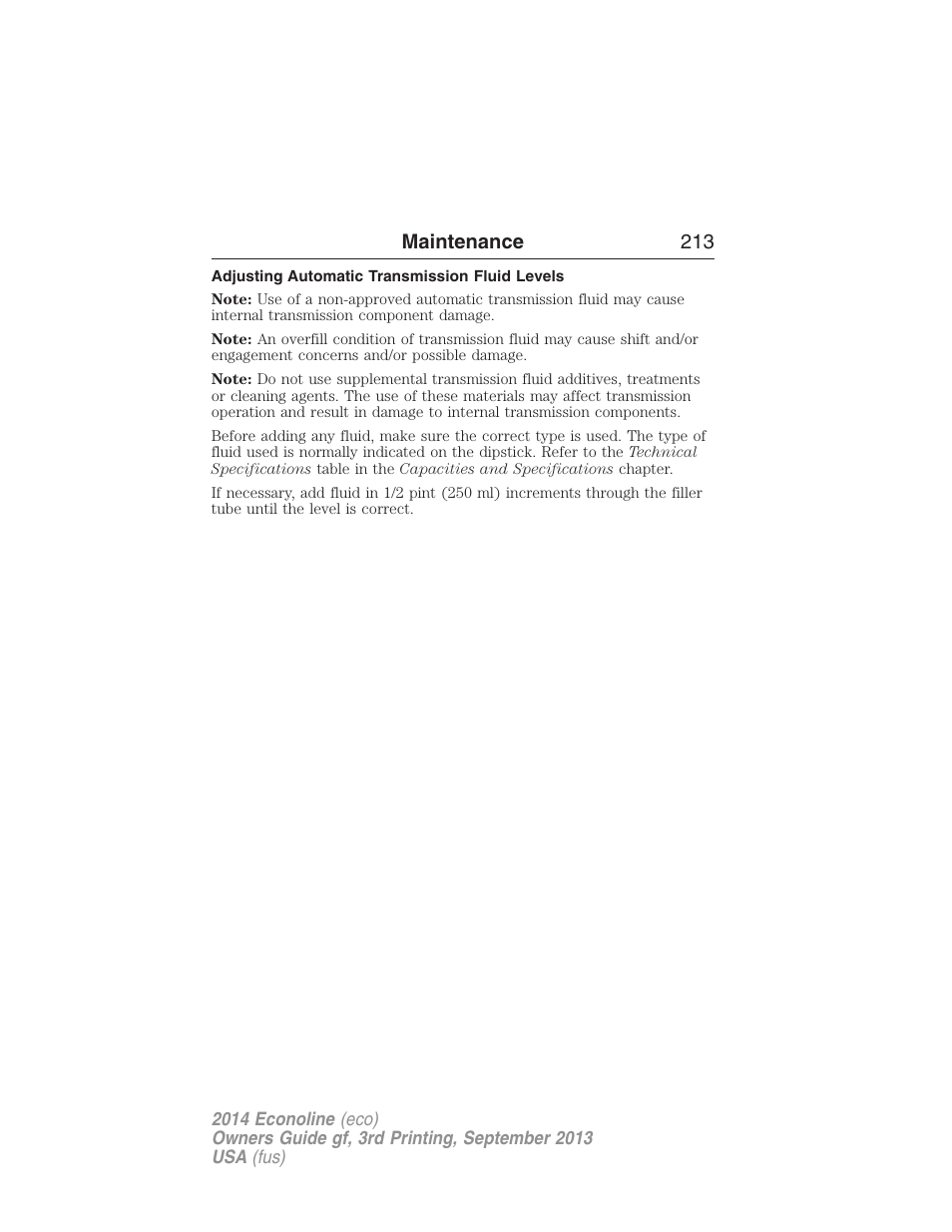 Adjusting automatic transmission fluid levels, Maintenance 213 | FORD 2014 E-450 v.3 User Manual | Page 214 / 455