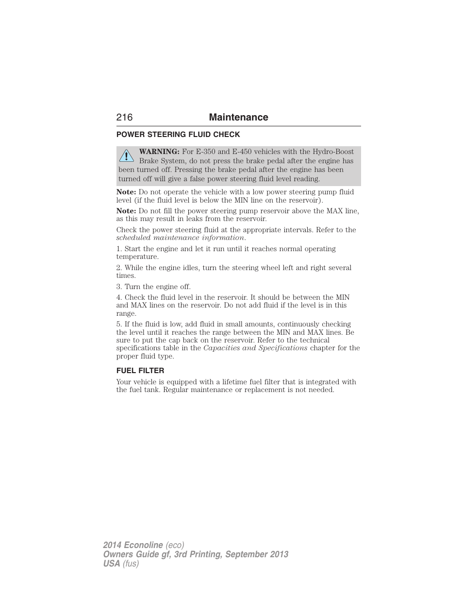 Power steering fluid check, Fuel filter, 216 maintenance | FORD 2014 E-450 v.3 User Manual | Page 217 / 455
