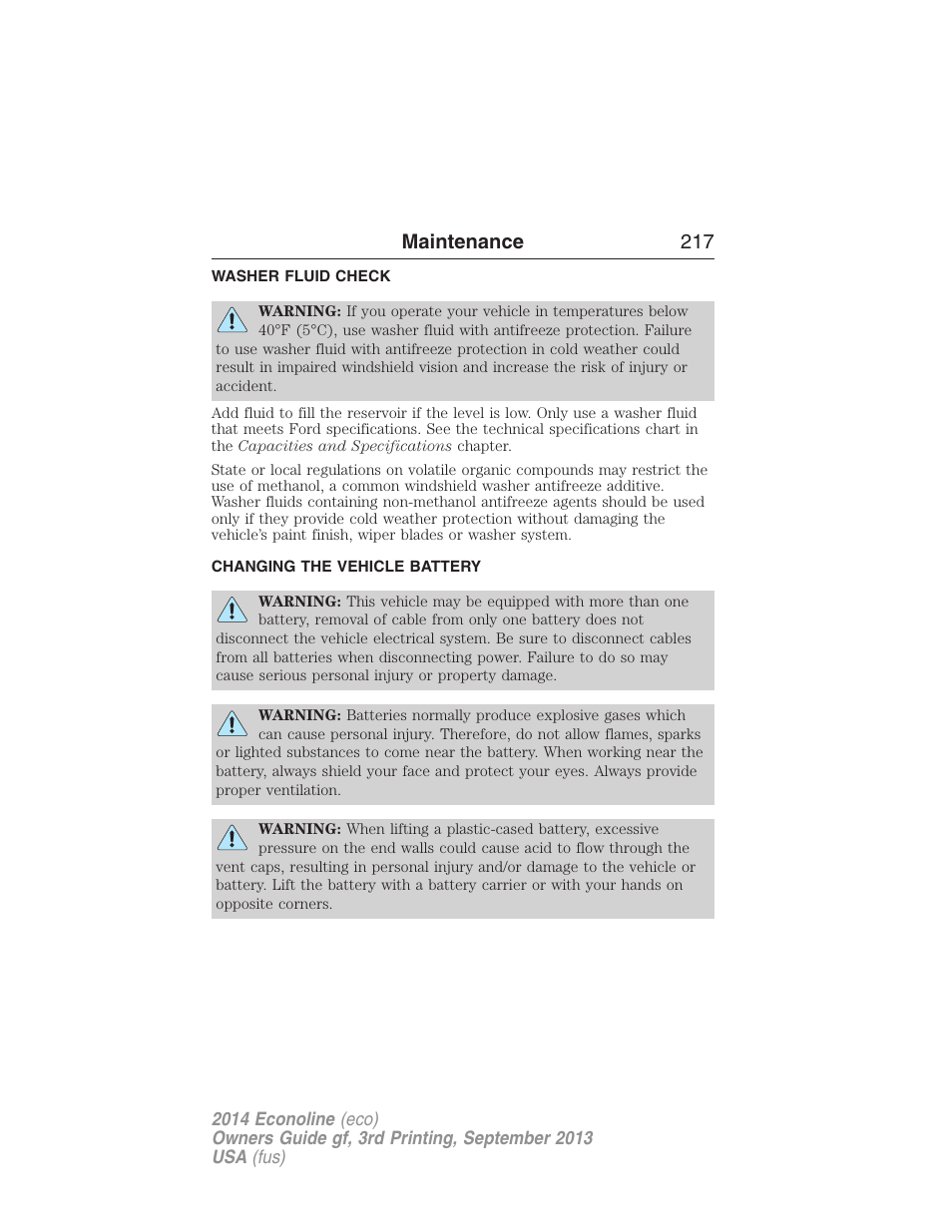 Washer fluid check, Changing the vehicle battery, Maintenance 217 | FORD 2014 E-450 v.3 User Manual | Page 218 / 455