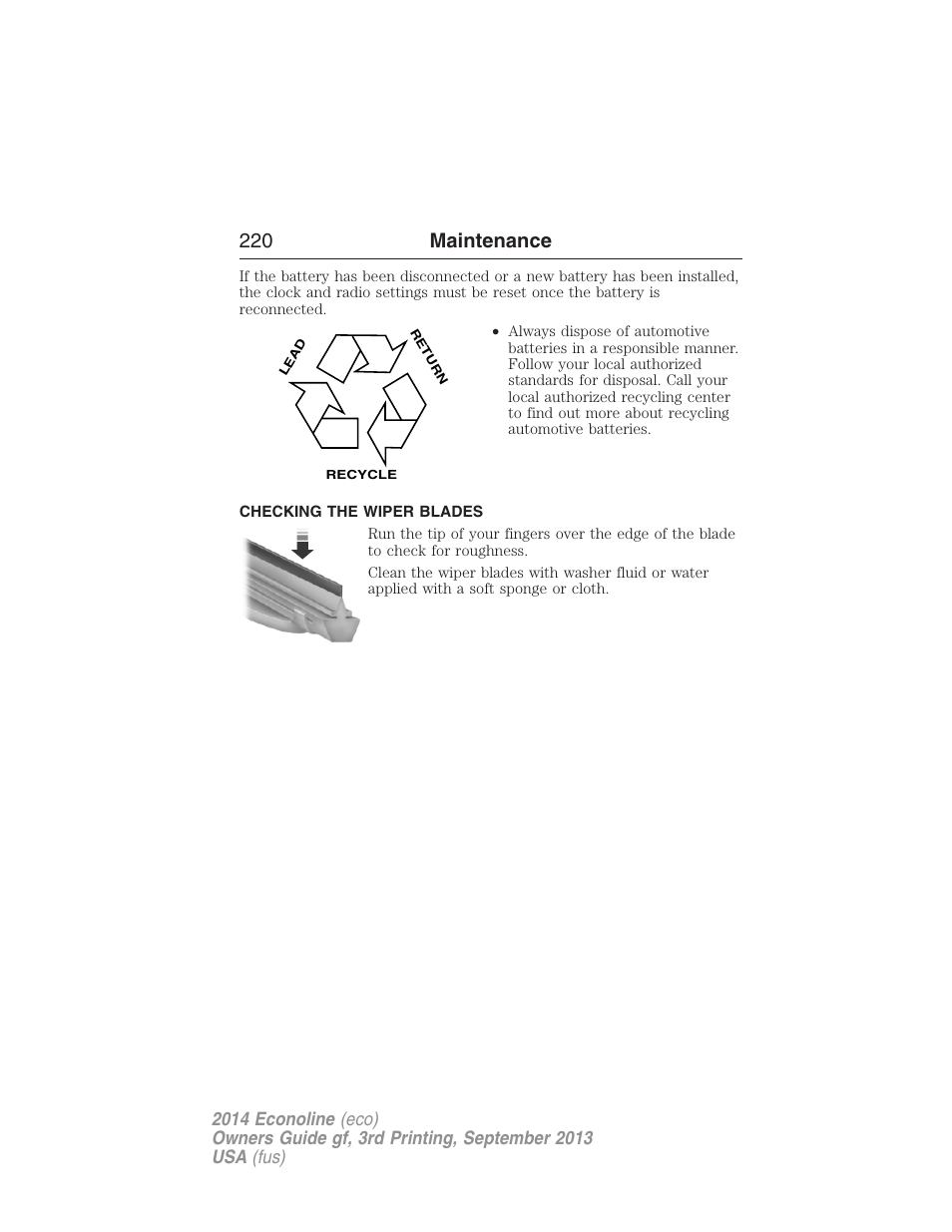 Checking the wiper blades, 220 maintenance | FORD 2014 E-450 v.3 User Manual | Page 221 / 455