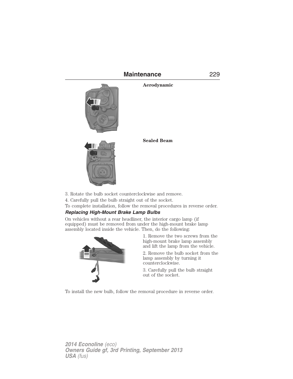 Replacing high-mount brake lamp bulbs, Maintenance 229 | FORD 2014 E-450 v.3 User Manual | Page 230 / 455