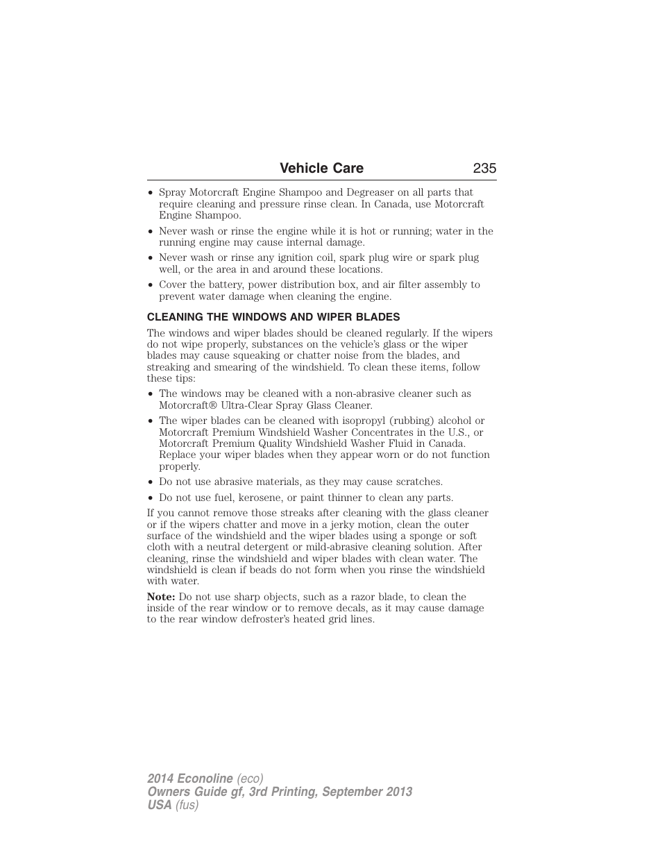Cleaning the windows and wiper blades, Vehicle care 235 | FORD 2014 E-450 v.3 User Manual | Page 236 / 455