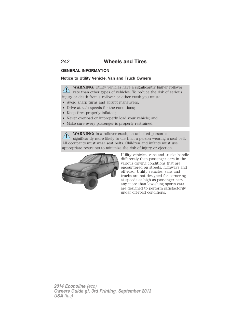 Wheels and tires, General information, Notice to utility vehicle, van and truck owners | 242 wheels and tires | FORD 2014 E-450 v.3 User Manual | Page 243 / 455
