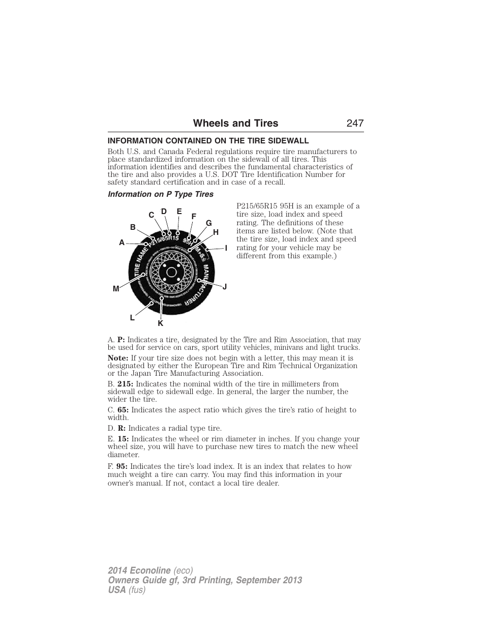 Information contained on the tire sidewall, Information on p type tires, Wheels and tires 247 | FORD 2014 E-450 v.3 User Manual | Page 248 / 455