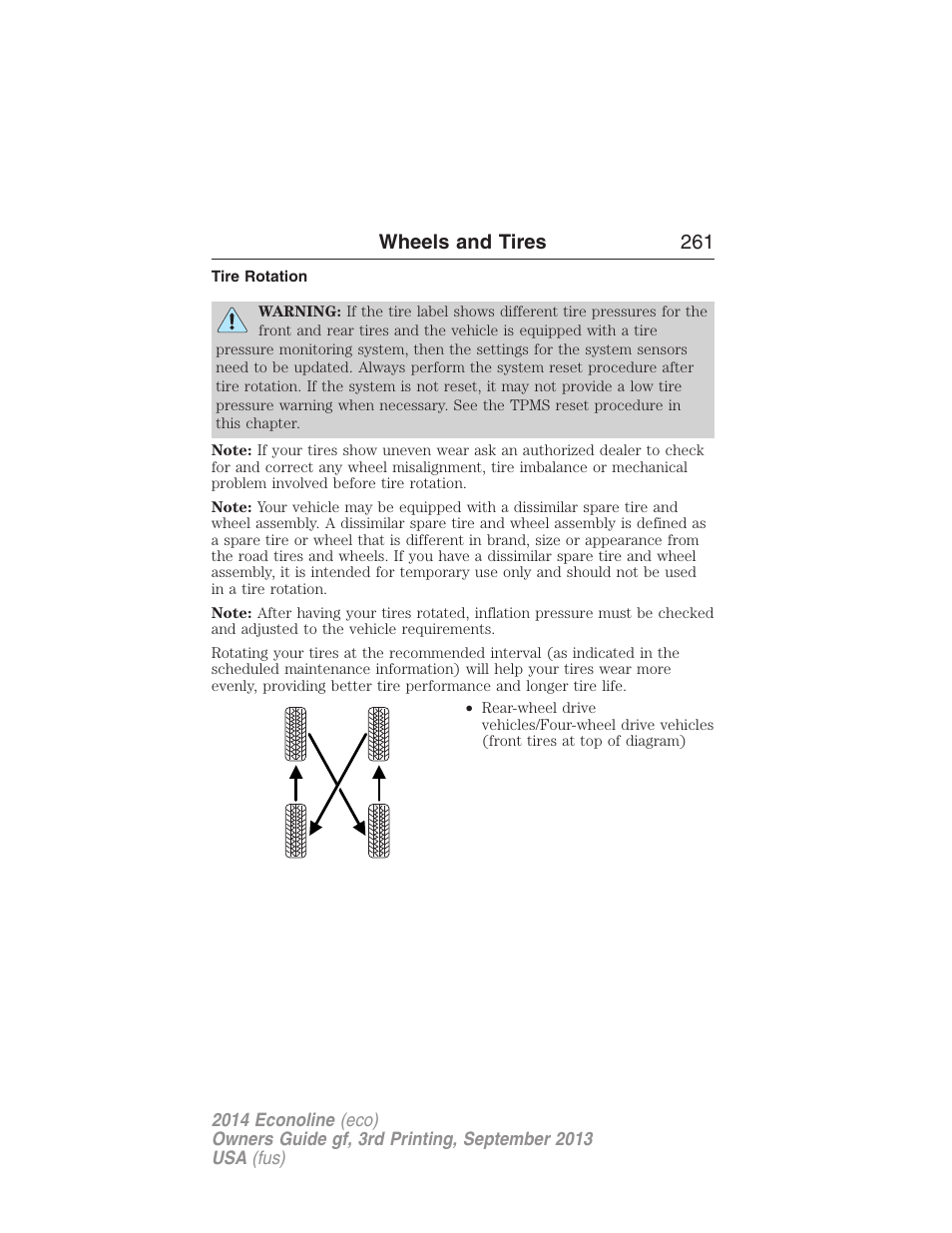 Tire rotation, Wheels and tires 261 | FORD 2014 E-450 v.3 User Manual | Page 262 / 455