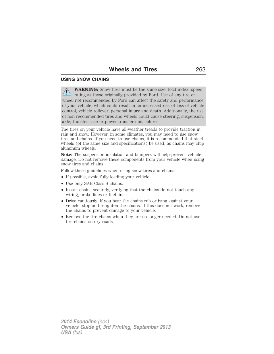 Using snow chains, Wheels and tires 263 | FORD 2014 E-450 v.3 User Manual | Page 264 / 455