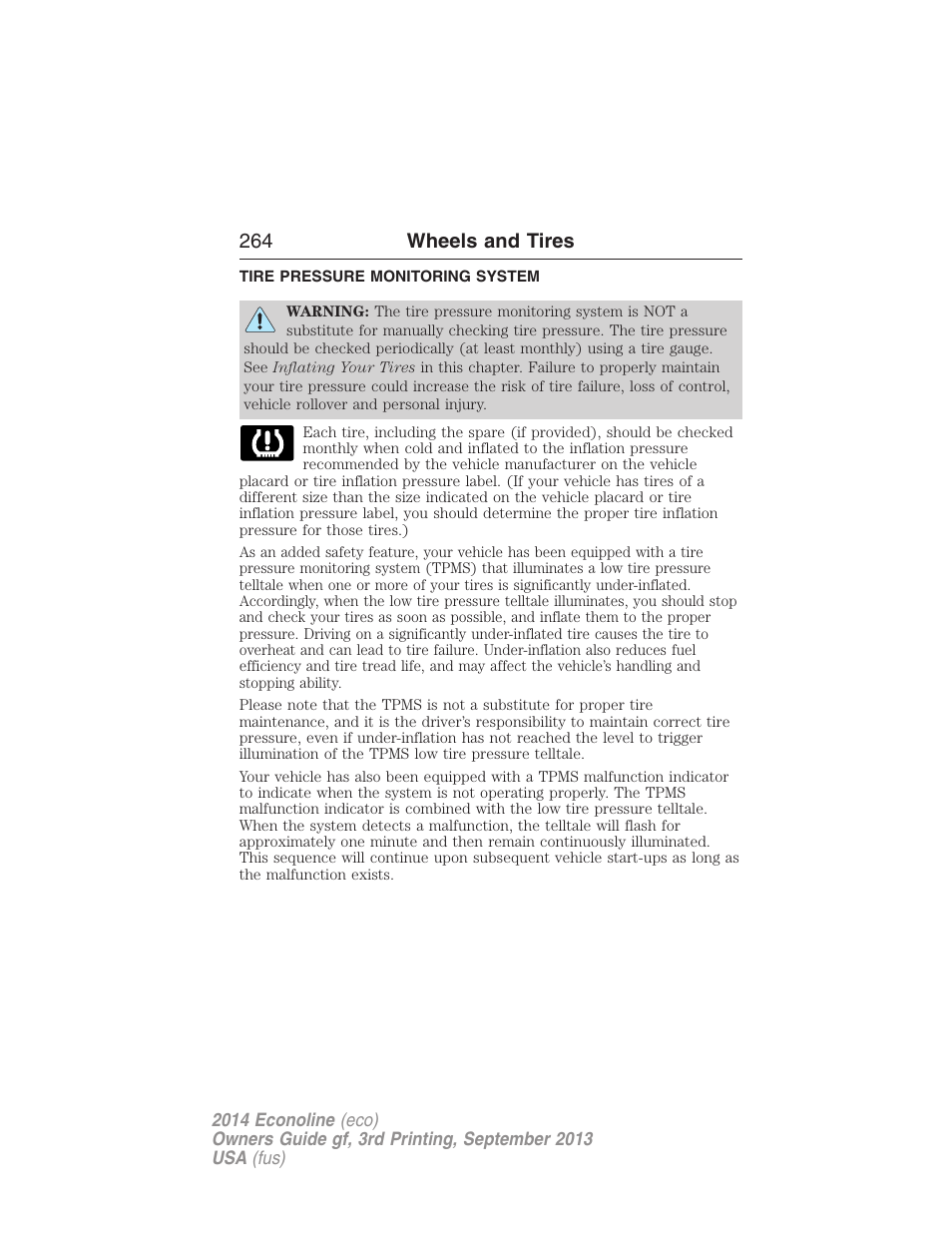 Tire pressure monitoring system, Tire pressure monitoring system (tpms), 264 wheels and tires | FORD 2014 E-450 v.3 User Manual | Page 265 / 455