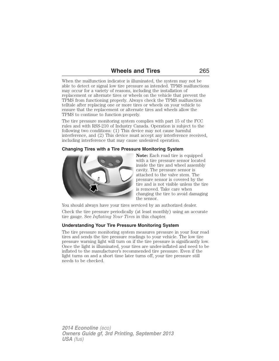 Understanding your tire pressure monitoring system, Wheels and tires 265 | FORD 2014 E-450 v.3 User Manual | Page 266 / 455