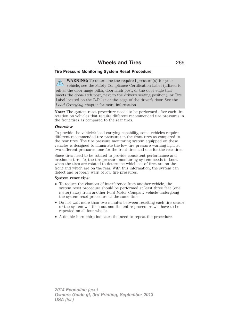 Tire pressure monitoring system reset procedure, Overview, Wheels and tires 269 | FORD 2014 E-450 v.3 User Manual | Page 270 / 455