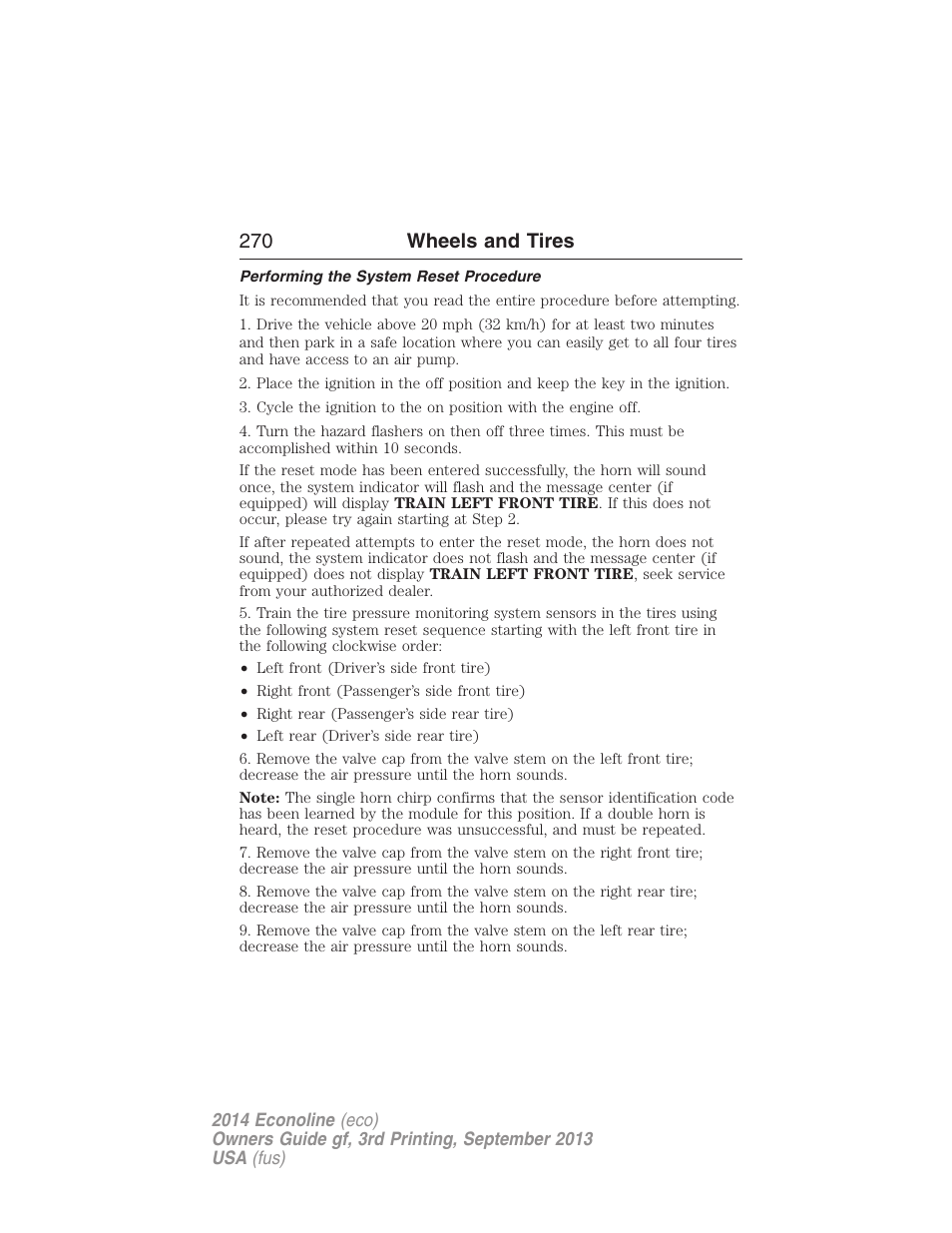 Performing the system reset procedure, 270 wheels and tires | FORD 2014 E-450 v.3 User Manual | Page 271 / 455