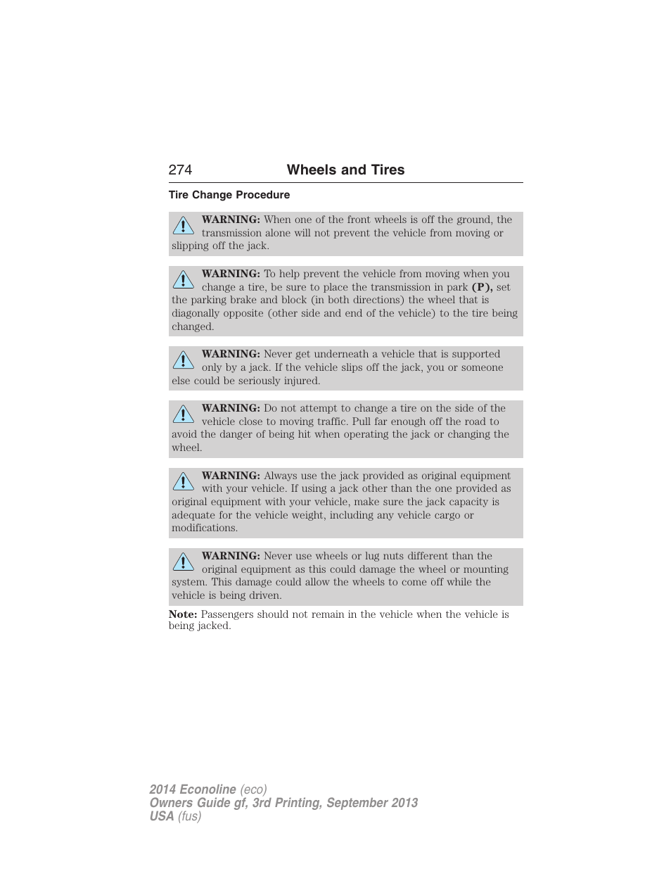 Tire change procedure, 274 wheels and tires | FORD 2014 E-450 v.3 User Manual | Page 275 / 455
