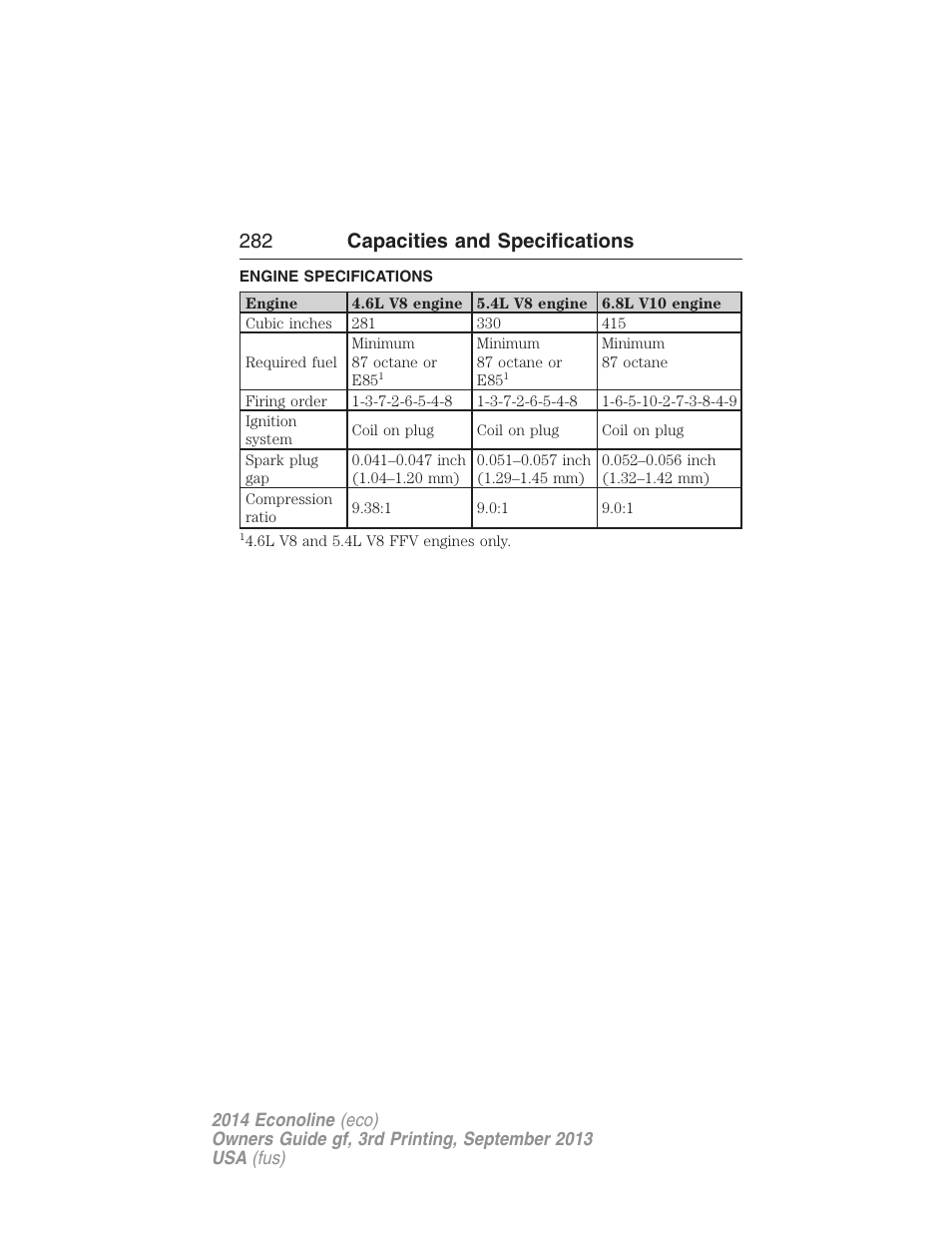 Capacities and specifications, Engine specifications, 282 capacities and specifications | FORD 2014 E-450 v.3 User Manual | Page 283 / 455