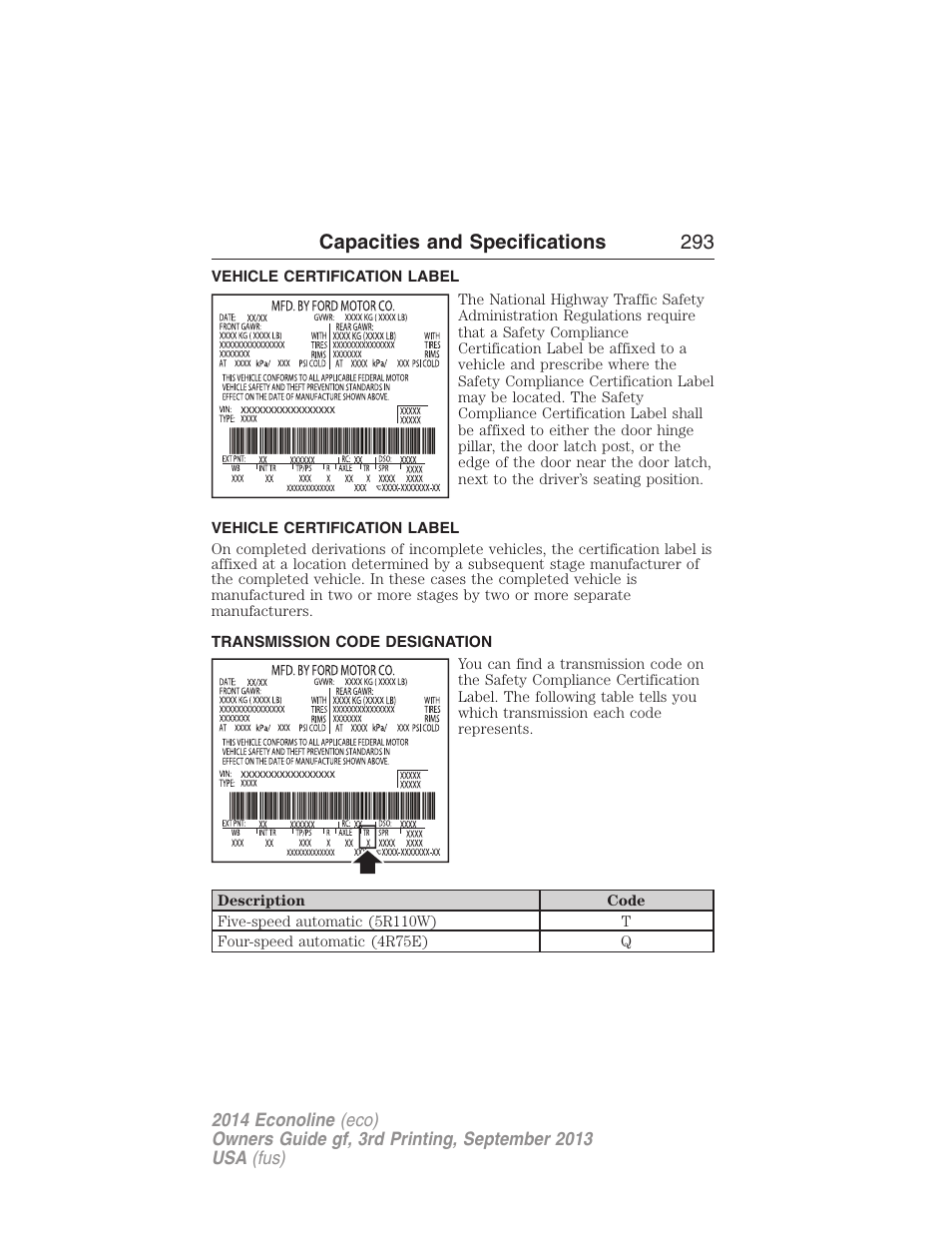 Vehicle certification label, Transmission code designation, Capacities and specifications 293 | FORD 2014 E-450 v.3 User Manual | Page 294 / 455