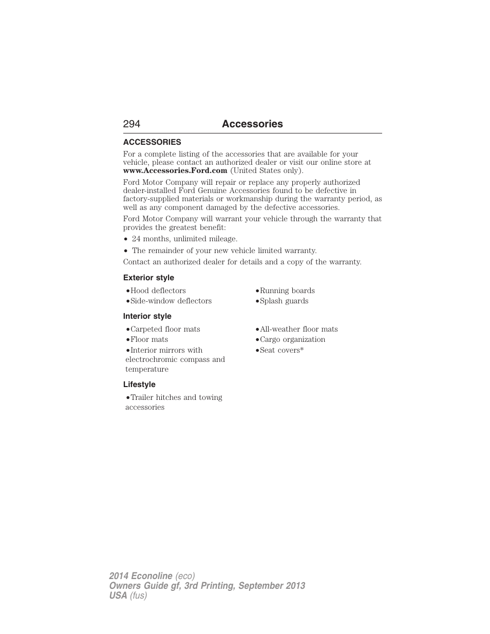 Accessories, Exterior style, Interior style | Lifestyle, 294 accessories | FORD 2014 E-450 v.3 User Manual | Page 295 / 455