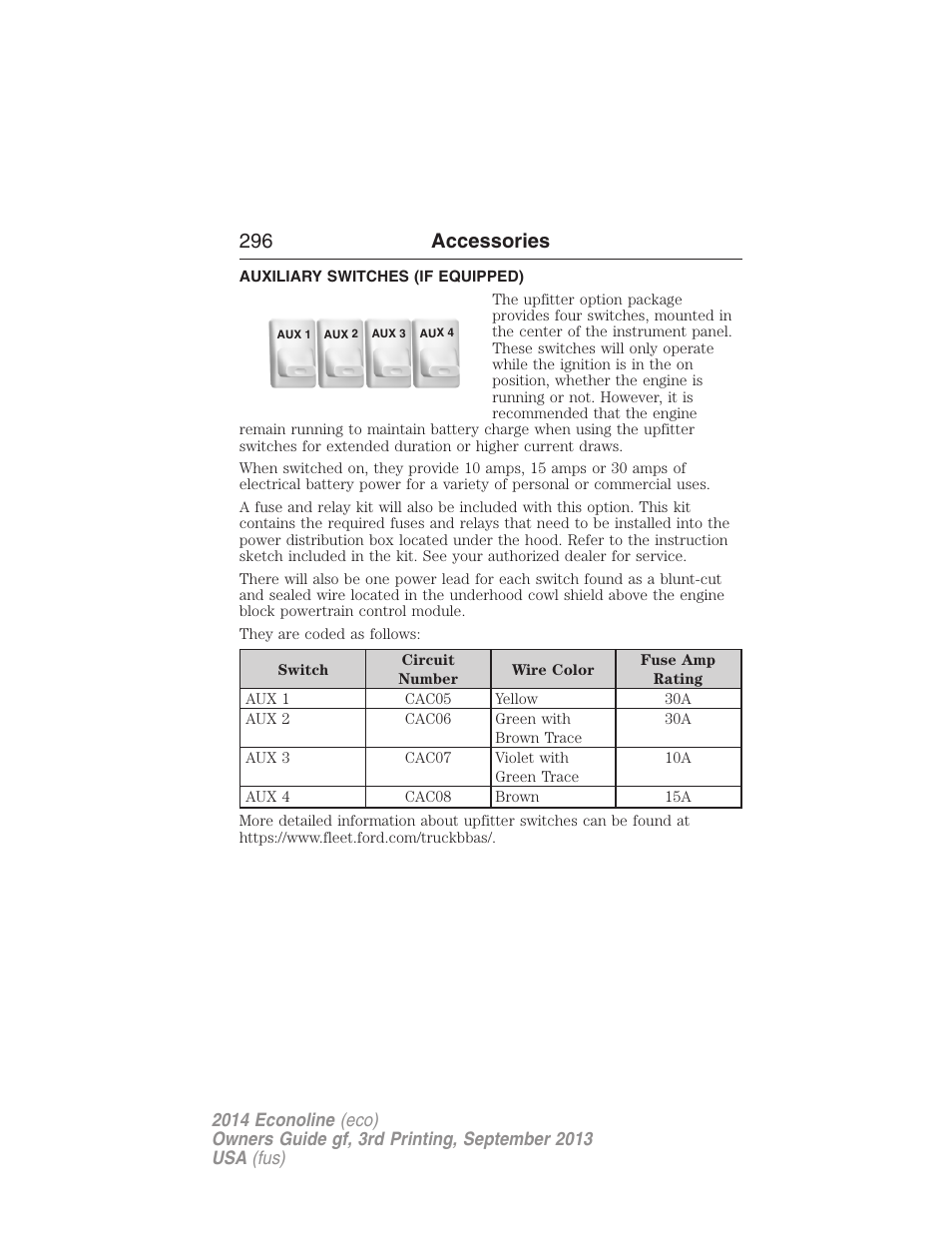 Auxiliary switches (if equipped), Upfitter controls, 296 accessories | FORD 2014 E-450 v.3 User Manual | Page 297 / 455