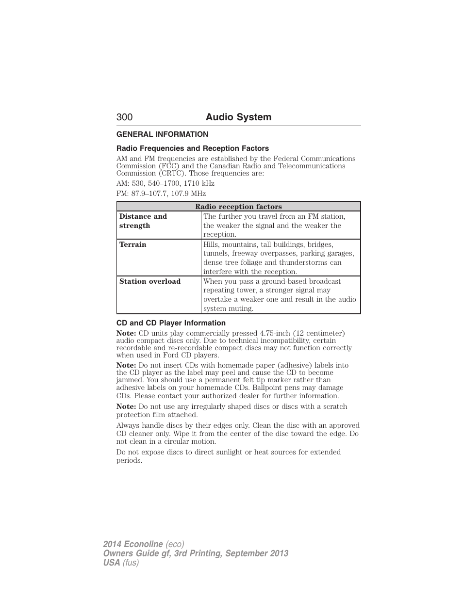 Audio system, General information, Radio frequencies and reception factors | Cd and cd player information, 300 audio system | FORD 2014 E-450 v.3 User Manual | Page 301 / 455