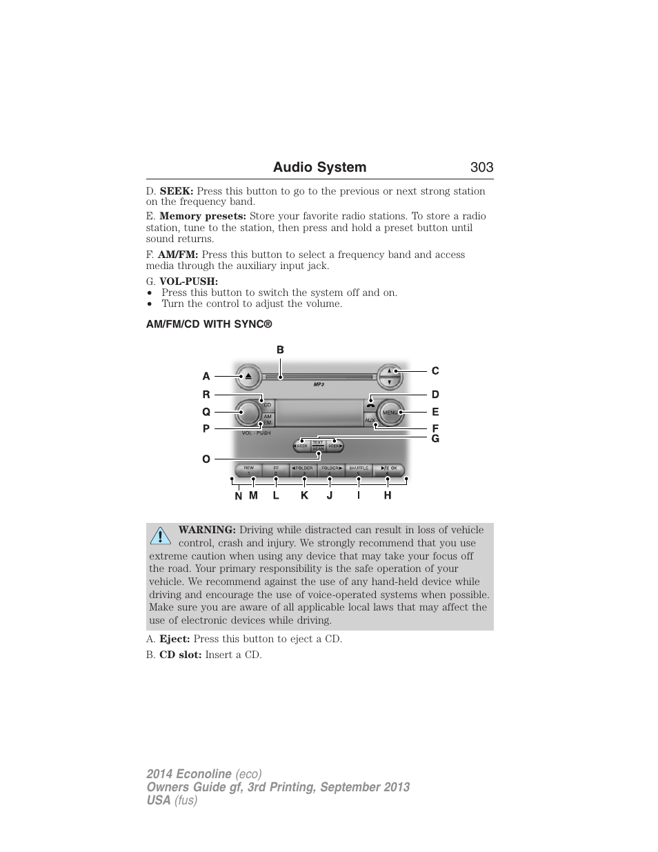 Am/fm/cd with sync, Audio system 303 | FORD 2014 E-450 v.3 User Manual | Page 304 / 455