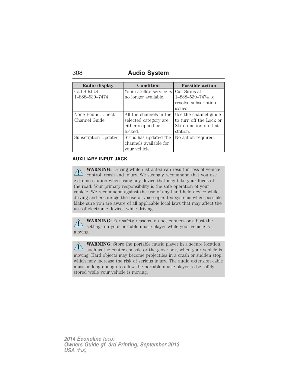 Auxiliary input jack, 308 audio system | FORD 2014 E-450 v.3 User Manual | Page 309 / 455