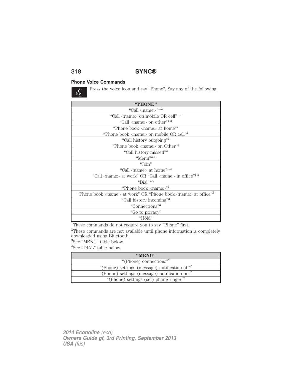 Phone voice commands, 318 sync | FORD 2014 E-450 v.3 User Manual | Page 319 / 455