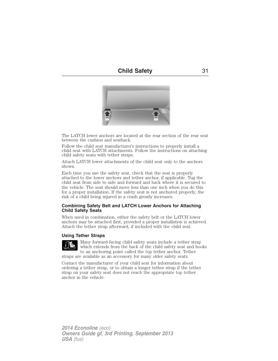 Using tether straps, Child safety 31 | FORD 2014 E-450 v.3 User Manual | Page 32 / 455