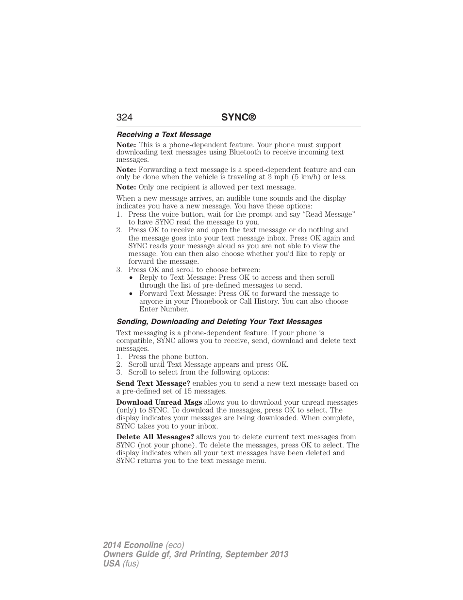 Receiving a text message, 324 sync | FORD 2014 E-450 v.3 User Manual | Page 325 / 455