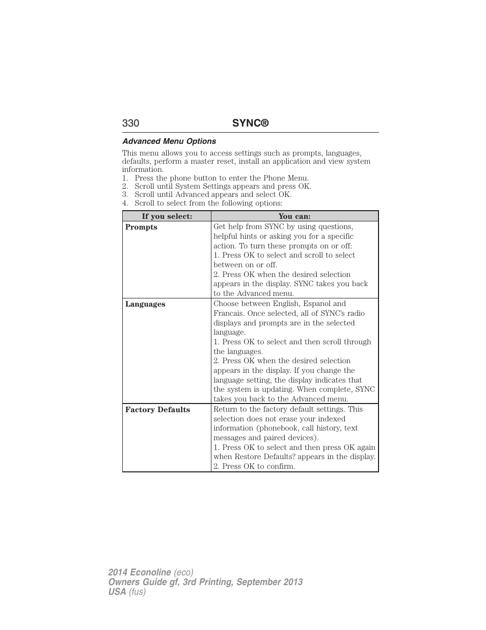 Advanced menu options, 330 sync | FORD 2014 E-450 v.3 User Manual | Page 331 / 455