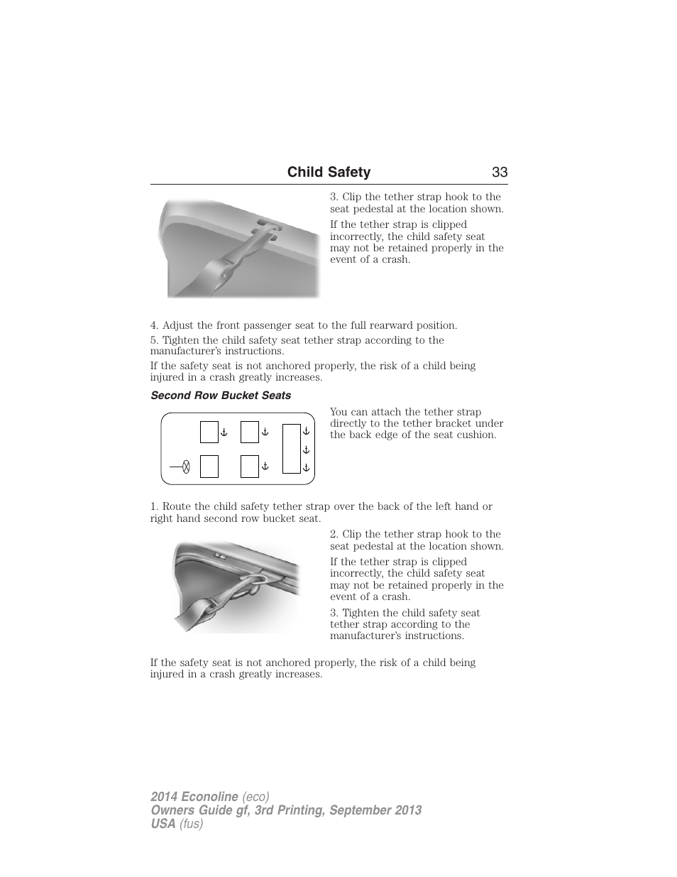 Second row bucket seats, Child safety 33 | FORD 2014 E-450 v.3 User Manual | Page 34 / 455